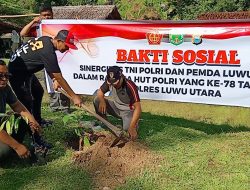 Sinergitas TNI-Polri dan Pemda Luwu Utara Gelar Bakti Sosial Penanaman Pohon di Taman Wisata Pincara Dalam rangka memperingati HUT Bhayangkara ke-78