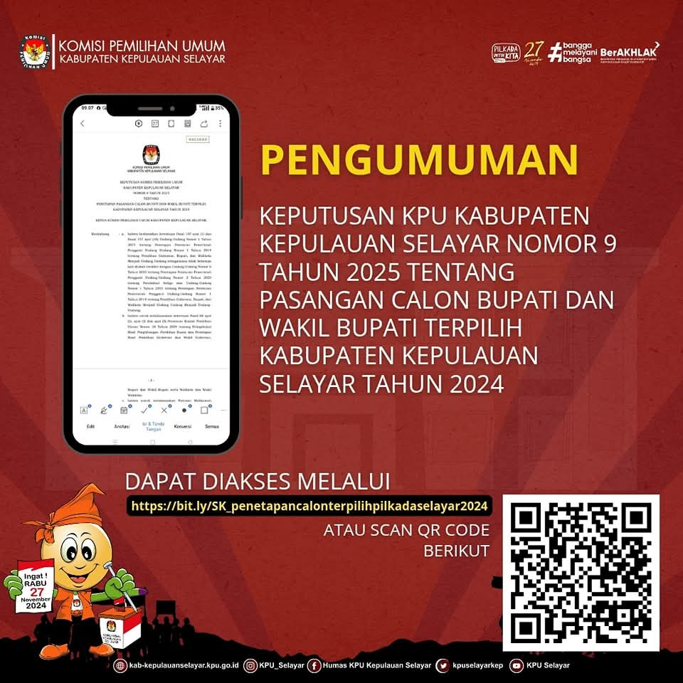 Pengumuman KPU Selayar Bupati dan Wakil Bupati Terpilih Pilkada 2024